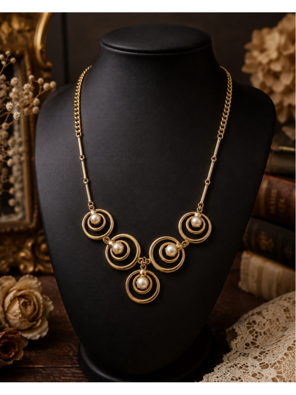 Vintage Atomic Gold Tone Faux Pearl Necklace Mid Century Modern Space Age 1960s